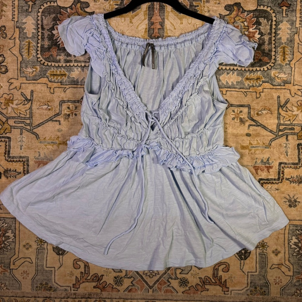 Anthropologie Light Blue Ruffle Smocked Tie Front Babydoll Top Coquette Cottage